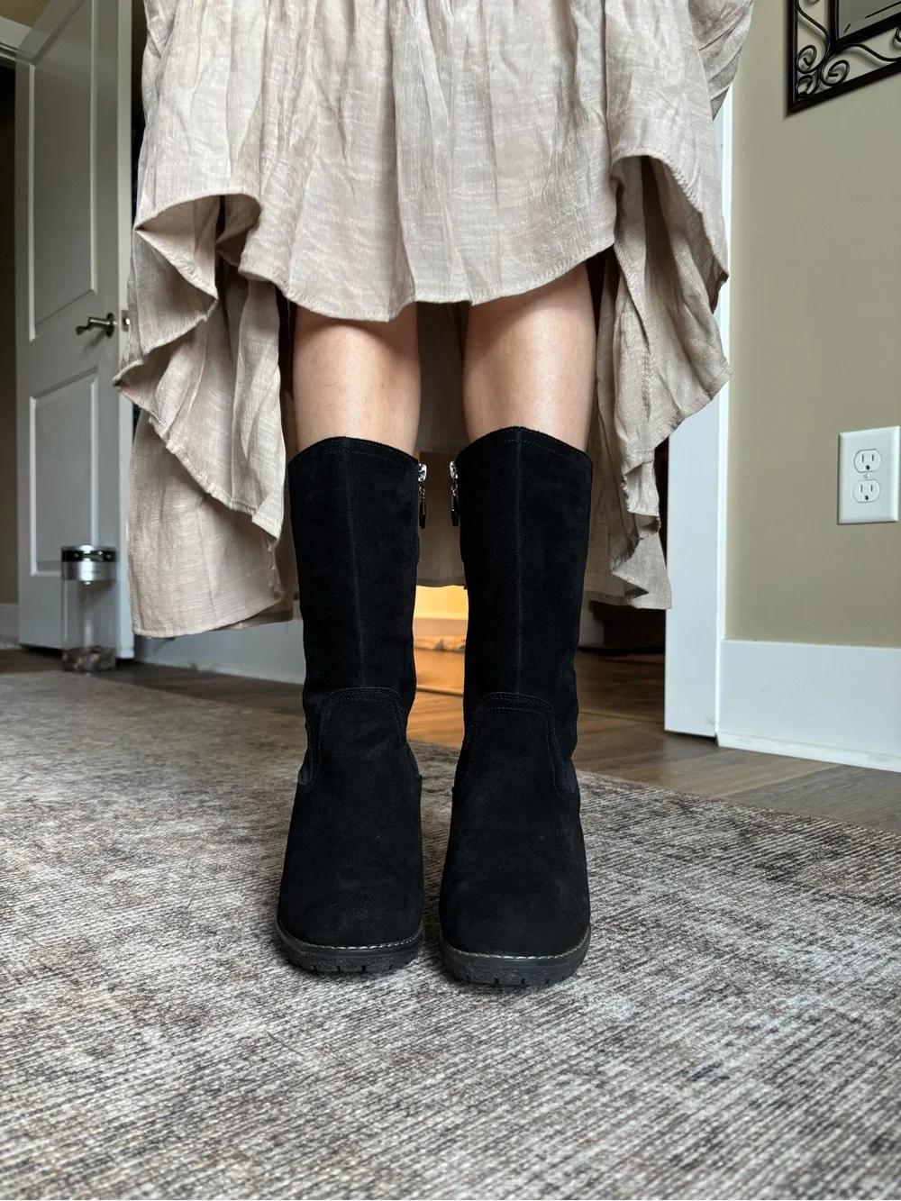 Black Wedge Mid-Calf Boots - Womens